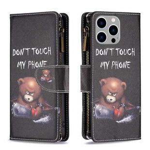 For iPhone 15 Pro Max Colored Drawing Pattern Zipper Phone Leather Case(Bear)