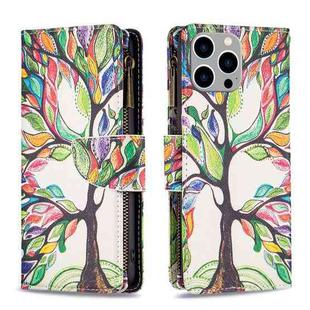 For iPhone 15 Pro Max Colored Drawing Pattern Zipper Phone Leather Case(Tree)