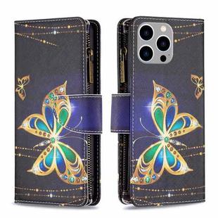 For iPhone 15 Pro Max Colored Drawing Pattern Zipper Phone Leather Case(Big Butterfly)