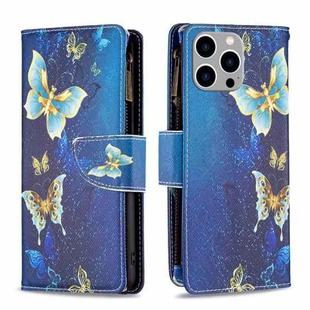 For iPhone 15 Pro Max Colored Drawing Pattern Zipper Phone Leather Case(Gold Butterfly)