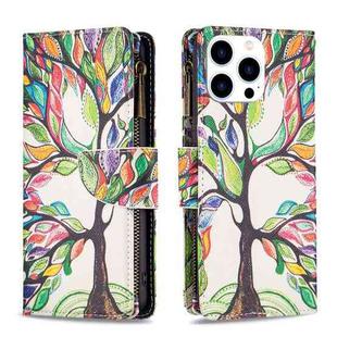For iPhone 15 Pro Colored Drawing Pattern Zipper Phone Leather Case(Tree)