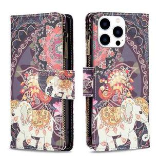 For iPhone 15 Pro Colored Drawing Pattern Zipper Phone Leather Case(Flower Elephant)