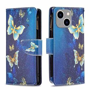 For iPhone 15 Plus Colored Drawing Pattern Zipper Phone Leather Case(Gold Butterfly)