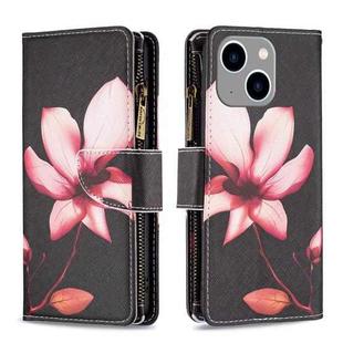 For iPhone 15 Plus Colored Drawing Pattern Zipper Phone Leather Case(Lotus)