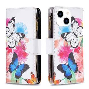 For iPhone 15 Colored Drawing Pattern Zipper Phone Leather Case(Two Butterflies)