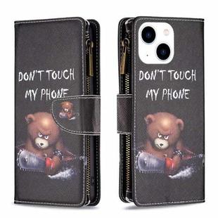 For iPhone 15 Colored Drawing Pattern Zipper Phone Leather Case(Bear)