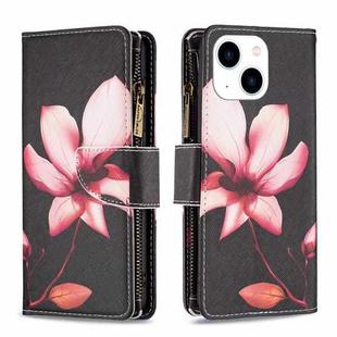 For iPhone 15 Colored Drawing Pattern Zipper Phone Leather Case(Lotus)