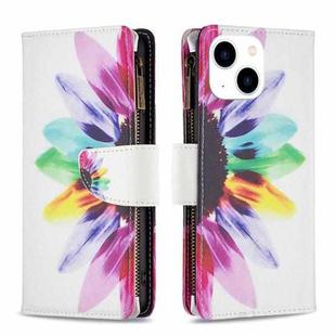 For iPhone 15 Colored Drawing Pattern Zipper Phone Leather Case(Sun Flower)