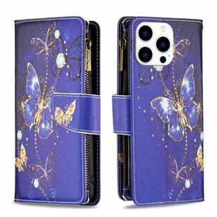 For iPhone 16 Pro Max Colored Drawing Pattern Zipper Phone Leather Case(Purple Butterfly)