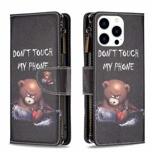 For iPhone 16 Pro Max Colored Drawing Pattern Zipper Phone Leather Case(Bear)