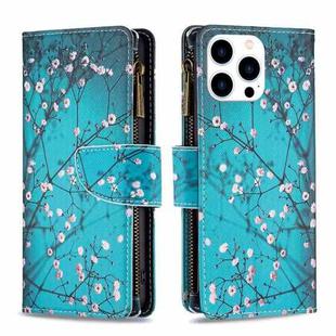 For iPhone 16 Pro Colored Drawing Pattern Zipper Phone Leather Case(Plum Blossom)