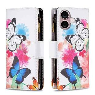 For iPhone 16 Colored Drawing Pattern Zipper Phone Leather Case(Two Butterflies)