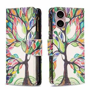 For iPhone 16 Colored Drawing Pattern Zipper Phone Leather Case(Tree)