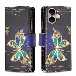 For iPhone 16 Colored Drawing Pattern Zipper Phone Leather Case(Big Butterfly)