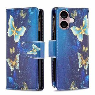 For iPhone 16 Colored Drawing Pattern Zipper Phone Leather Case(Gold Butterfly)