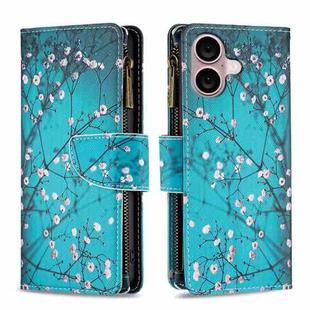 For iPhone 16 Colored Drawing Pattern Zipper Phone Leather Case(Plum Blossom)