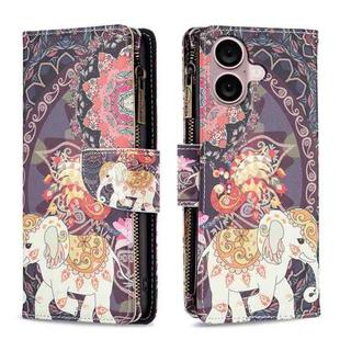 For iPhone 16 Colored Drawing Pattern Zipper Phone Leather Case(Flower Elephant)