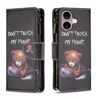 For iPhone 16 Plus Colored Drawing Pattern Zipper Phone Leather Case(Bear)