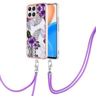 For Honor X8 4G Electroplating IMD TPU Phone Case with Lanyard(Purple Flower)