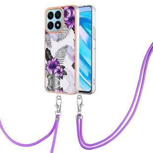 For Honor X8a Electroplating IMD TPU Phone Case with Lanyard(Purple Flower)