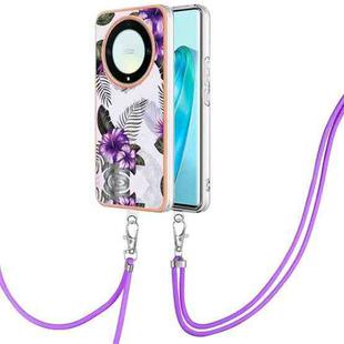 For Honor X9a/Magic5 Lite Electroplating IMD TPU Phone Case with Lanyard(Purple Flower)