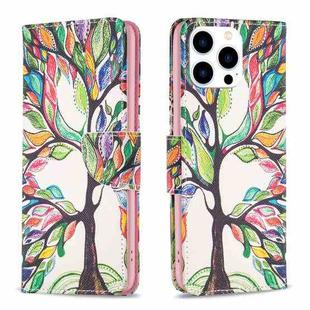 For iPhone 15 Pro Colored Drawing Pattern Leather Phone Case(Tree Life)