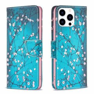 For iPhone 15 Pro Colored Drawing Pattern Leather Phone Case(Plum Blossom)