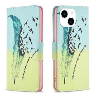 For iPhone 15 Colored Drawing Pattern Leather Phone Case(Feather)