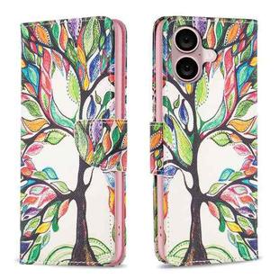 For iPhone 16 Colored Drawing Pattern Leather Phone Case(Tree Life)