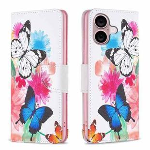For iPhone 16 Colored Drawing Pattern Leather Phone Case(Butterflies)