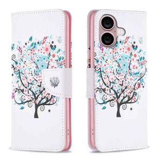 For iPhone 16 Colored Drawing Pattern Leather Phone Case(Tree)