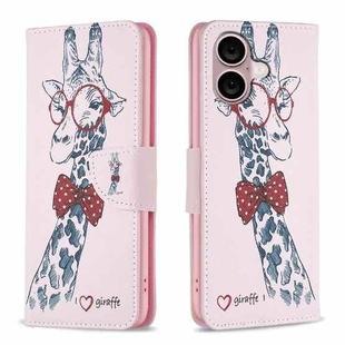 For iPhone 16 Plus Colored Drawing Pattern Leather Phone Case(Giraffe)