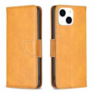 For iPhone 15 Lambskin Texture Pure Color Flip Leather Phone Case(Yellow)