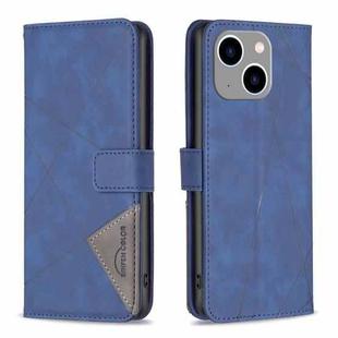 For iPhone 15 Plus Magnetic Buckle Rhombus Texture Leather Phone Case(Blue)