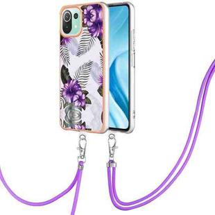 For Xiaomi Mi 11 Lite Electroplating IMD TPU Phone Case with Lanyard(Purple Flower)