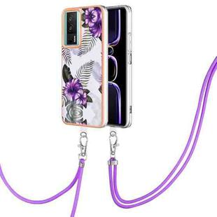 For Xiaomi Poco F5 Pro 5G / Redmi K60 Electroplating IMD TPU Phone Case with Lanyard(Purple Flower)