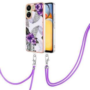 For Xiaomi Redmi 13C 4G Electroplating IMD TPU Phone Case with Lanyard(Purple Flower)