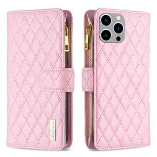 For iPhone 15 Pro Max Diamond Lattice Zipper Wallet Leather Flip Phone Case(Pink)