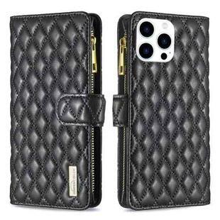 For iPhone 15 Pro Diamond Lattice Zipper Wallet Leather Flip Phone Case(Black)
