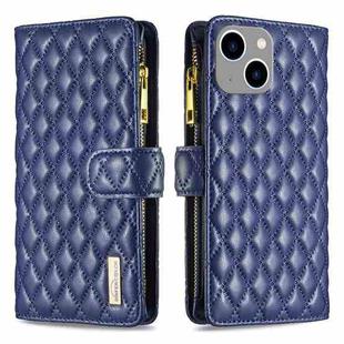 For iPhone 15 Plus Diamond Lattice Zipper Wallet Leather Flip Phone Case(Blue)