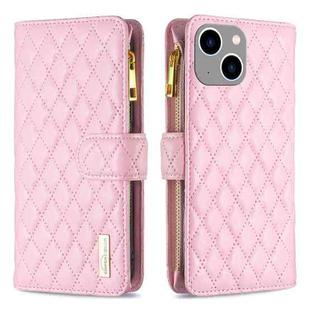 For iPhone 15 Plus Diamond Lattice Zipper Wallet Leather Flip Phone Case(Pink)
