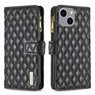 For iPhone 15 Plus Diamond Lattice Zipper Wallet Leather Flip Phone Case(Black)