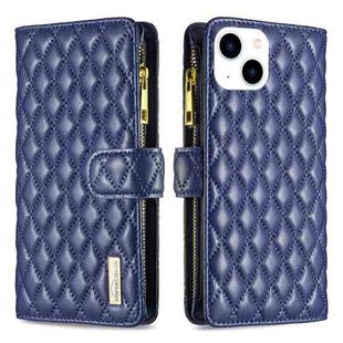 For iPhone 15 Diamond Lattice Zipper Wallet Leather Flip Phone Case(Blue)