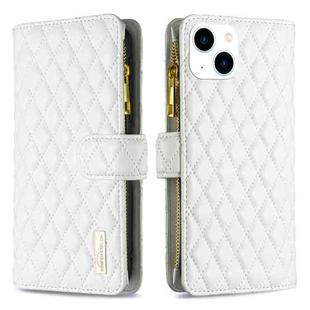 For iPhone 15 Diamond Lattice Zipper Wallet Leather Flip Phone Case(White)