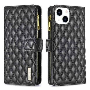 For iPhone 15 Diamond Lattice Zipper Wallet Leather Flip Phone Case(Black)