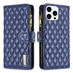 For iPhone 16 Pro Max Diamond Lattice Zipper Wallet Leather Flip Phone Case(Blue)