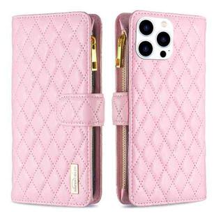 For iPhone 16 Pro Max Diamond Lattice Zipper Wallet Leather Flip Phone Case(Pink)