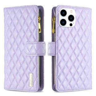 For iPhone 16 Pro Max Diamond Lattice Zipper Wallet Leather Flip Phone Case(Purple)