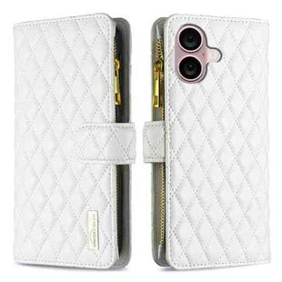 For iPhone 16 Diamond Lattice Zipper Wallet Leather Flip Phone Case(White)