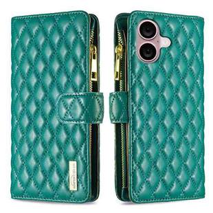 For iPhone 16 Diamond Lattice Zipper Wallet Leather Flip Phone Case(Green)